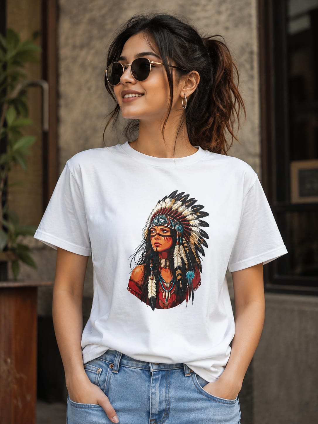 Premium White Graphic Printed T-Shirt for Women | Tribal Feather Art | 180 GSM Pure Cotton - Graphic T-Shirt by Ong Bong Chong