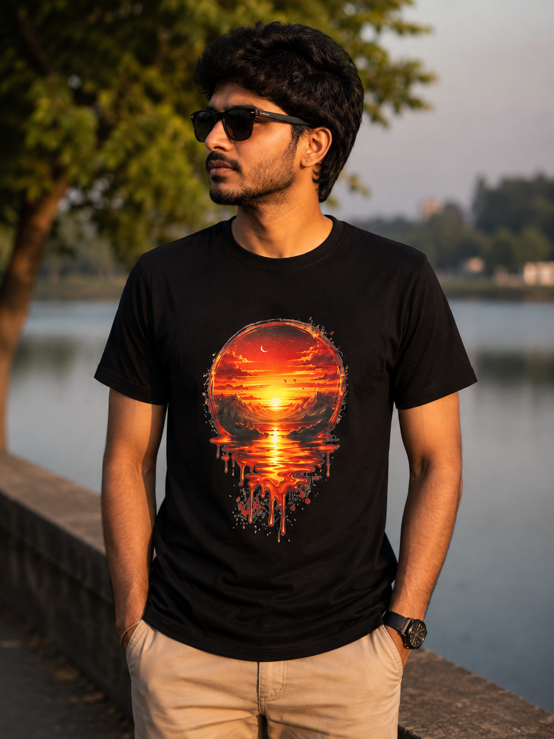 Premium Sunset Landscape Graphic Printed Unisex T-Shirt | 180 GSM 100% Pure Cotton | Black