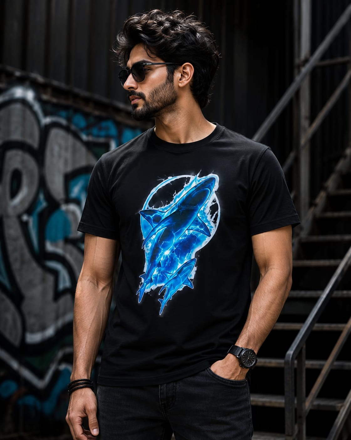 Premium Blue Shark Graphic Printed Unisex T-Shirt | 180 GSM 100% Pure Cotton | Black | Ong Bong Chong